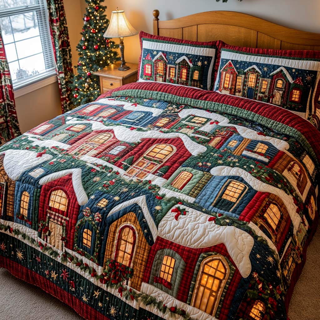Yuletide Village Dreams Quilted Bedding Set Cozy Bedroom Decor Gifts For Church Members