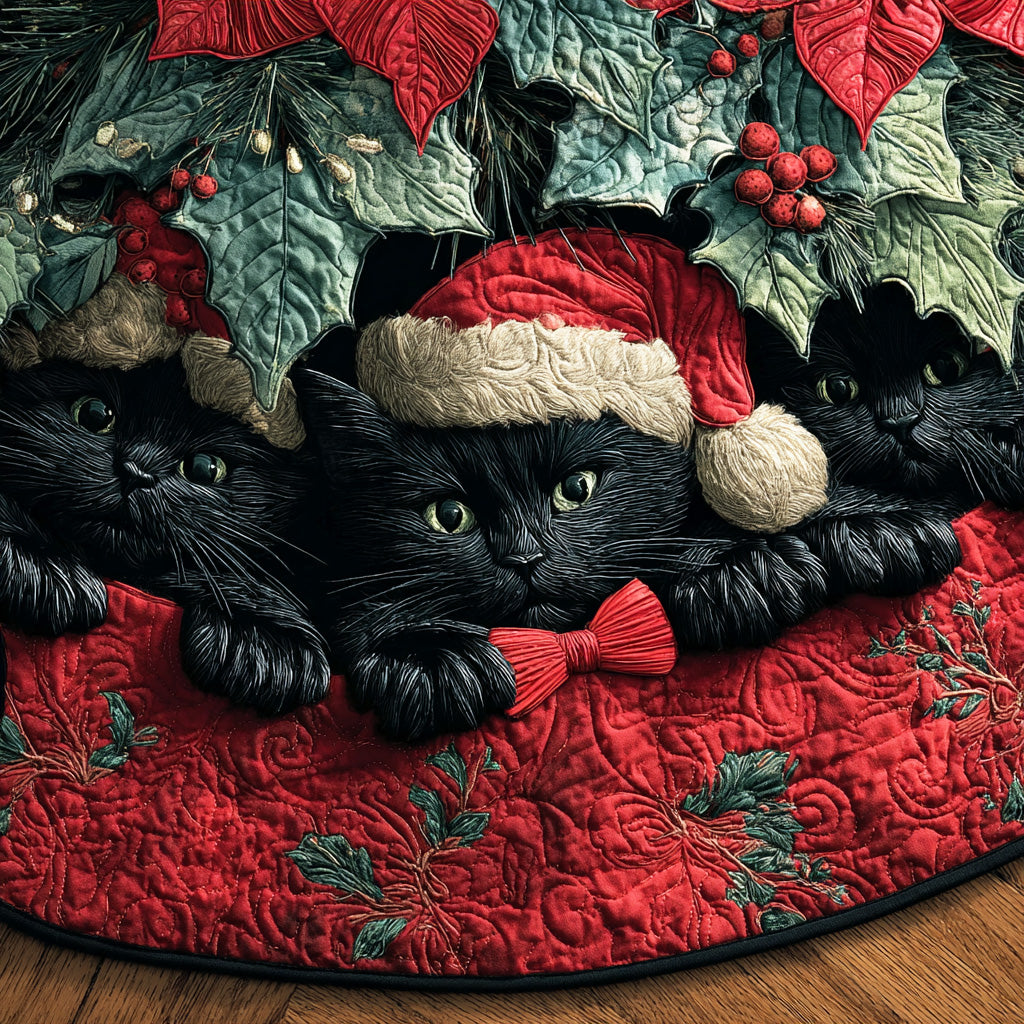 Yuletide Whisker Charm Christmas Quilted Tree Skirt Xmas Tree Base Cover Black Cat Gifts For Her