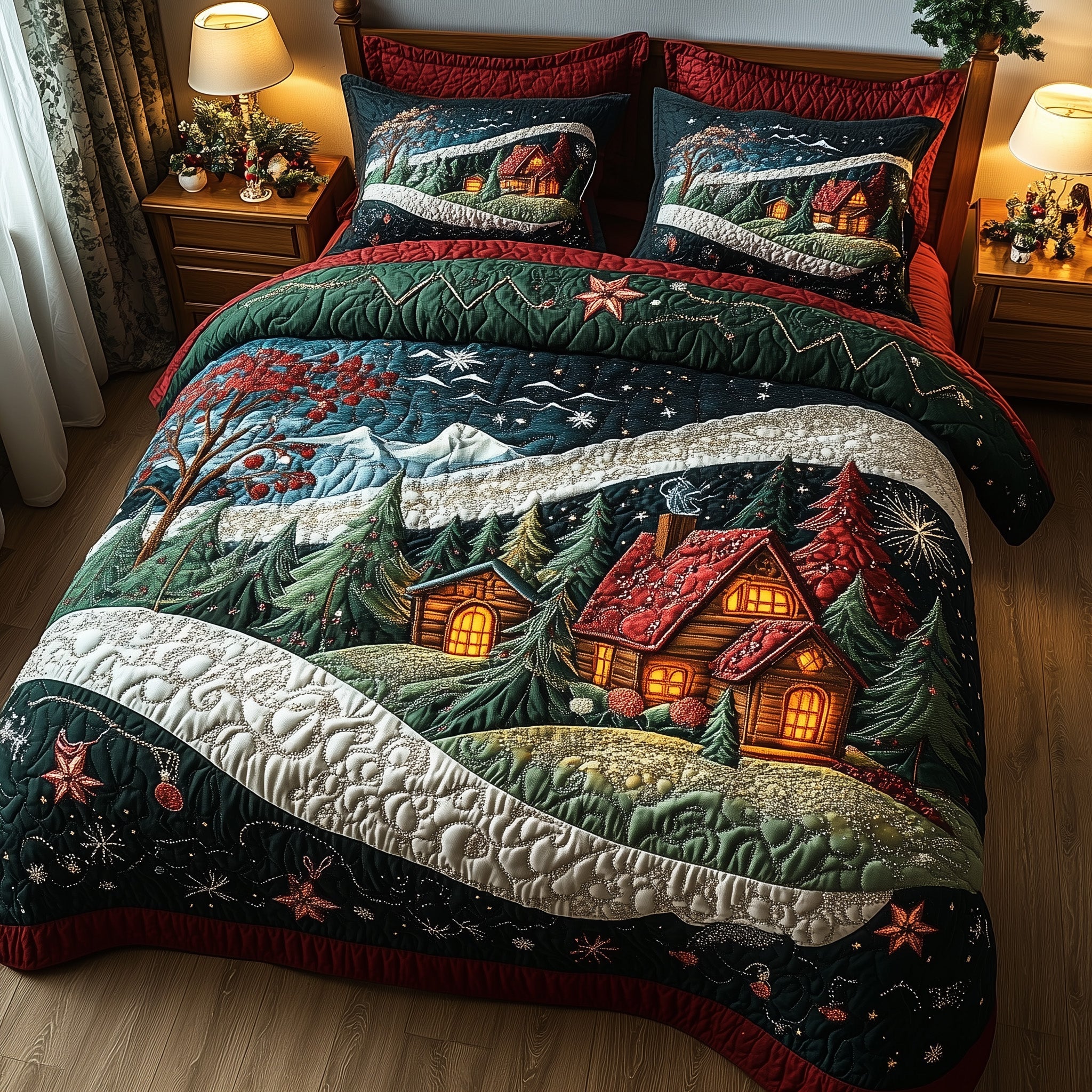 Yuletide Wonderland Christmas Quilted Bedding Set Duvet Cover Bedspread Xmas Holiday Season Gift Ideas