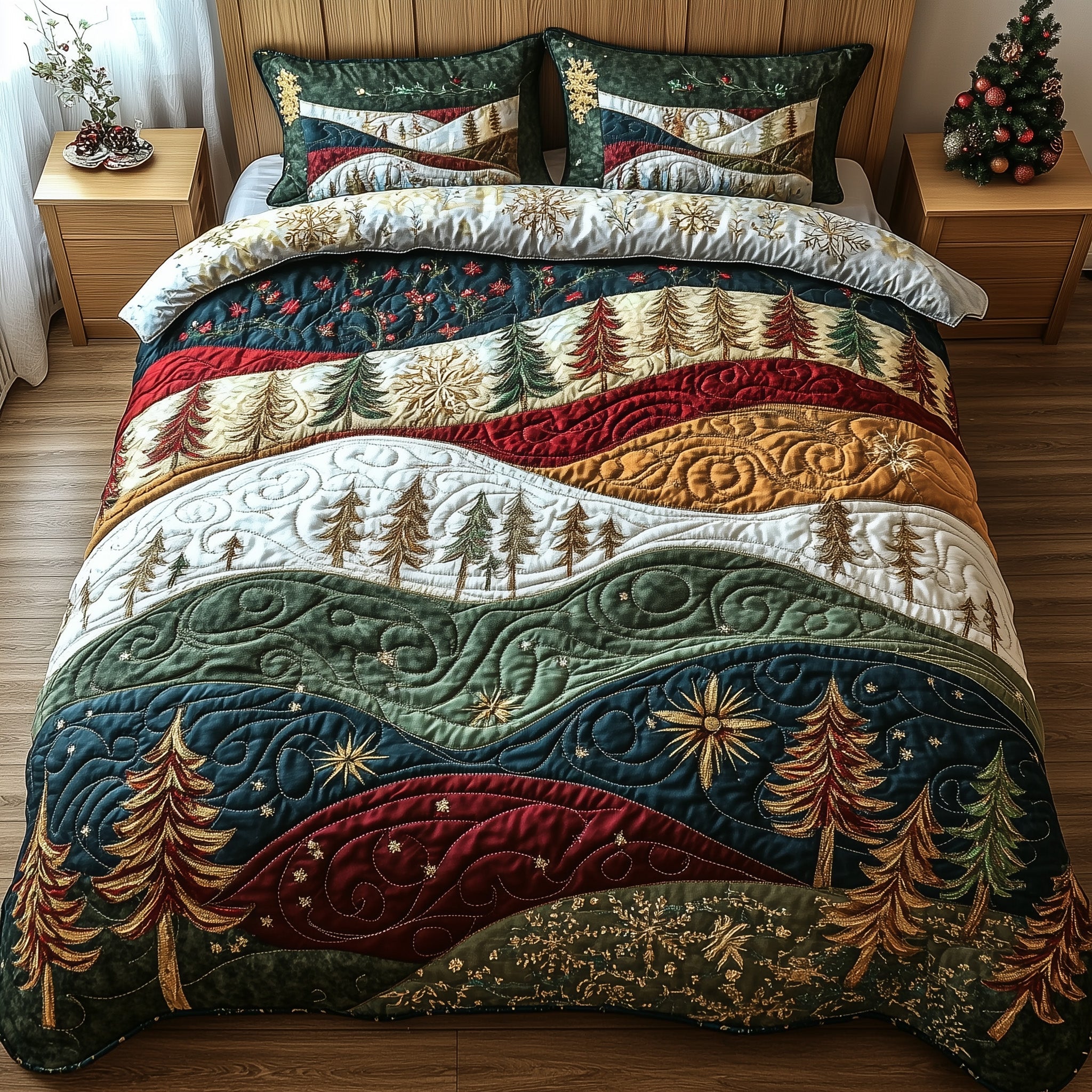 Yuletide Wonderland Christmas Quilted Bedding Set Duvet Cover Bedspread Xmas Holiday Season Gifts