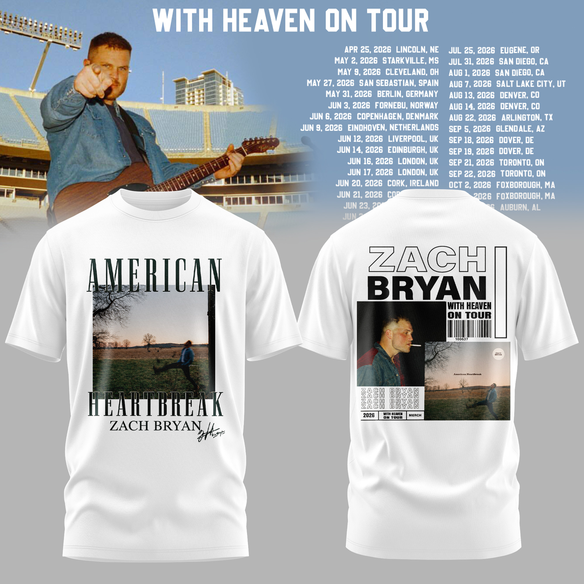 Zach Bryan With Heaven On Tour Merch American Heartbreak T-Shirt Music Concert Tee Gift For Him