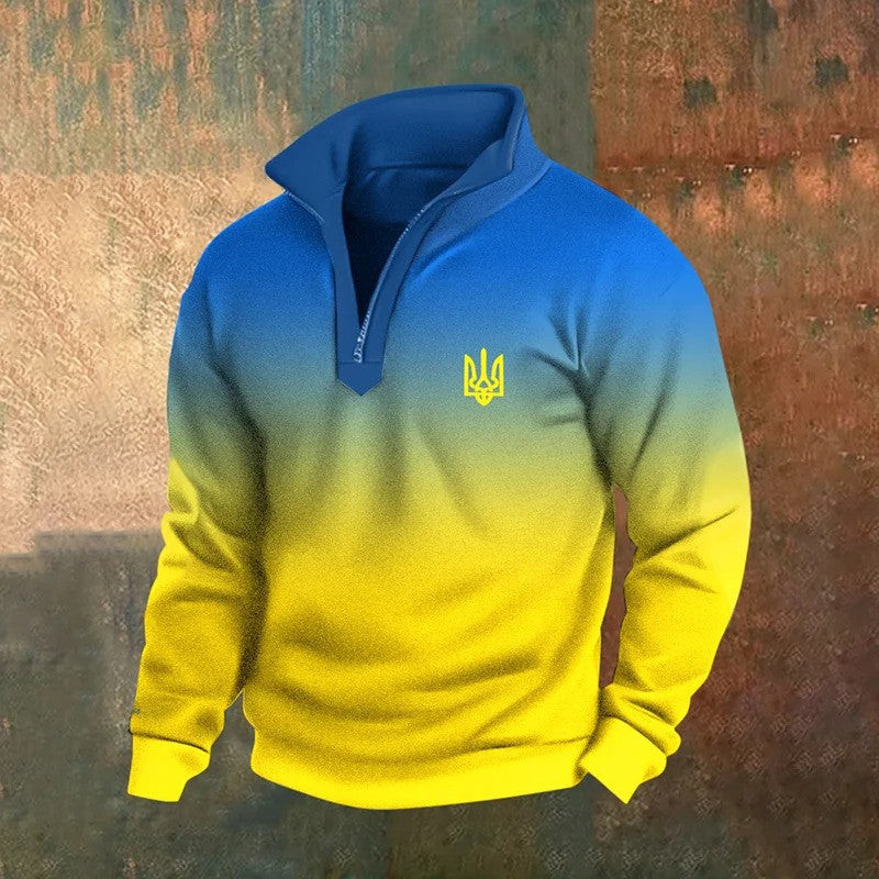 Zelensky Stand Collar Zip Sweatshirt Ukrainian Trident Symbol Ukraine Flag Sweatshirt