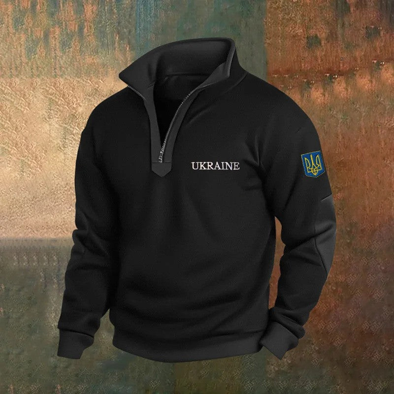 Zelensky Stand Collar Zip Sweatshirt Ukrainian Trident Symbol Ukraine Merch Father's Day Gift for Dad