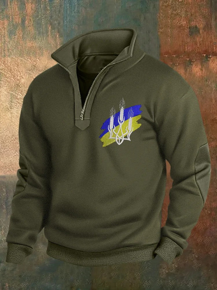 Zelensky Stand Collar Zip Sweatshirt Ukrainian Trident Symbol Zelensky Green Sweatshirt Men