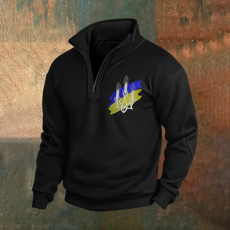 Zelensky Stand Collar Zip Sweatshirt Ukrainian Trident Symbol Zelensky Merch
