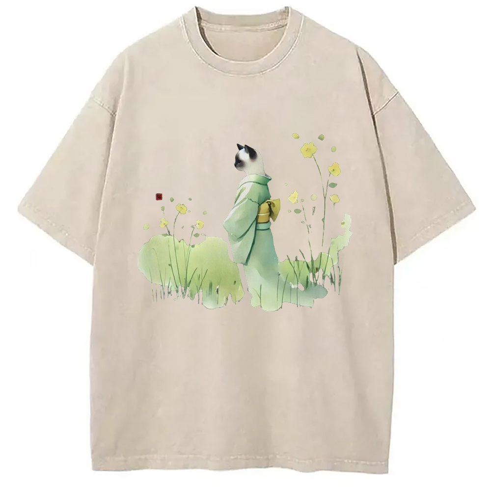 Zen Wildflower Cat Japanese Washed T-Shirt Unisex Streetwear Graphic Style Gifts For Her