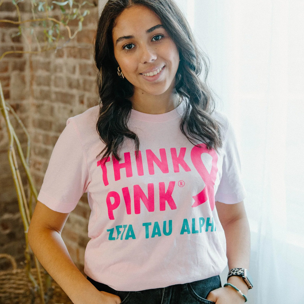 Zeta Tau Alpha Merch Think Pink T-Shirt Pink Ribbon Shirt Breast Cancer Awareness Merch Gifts