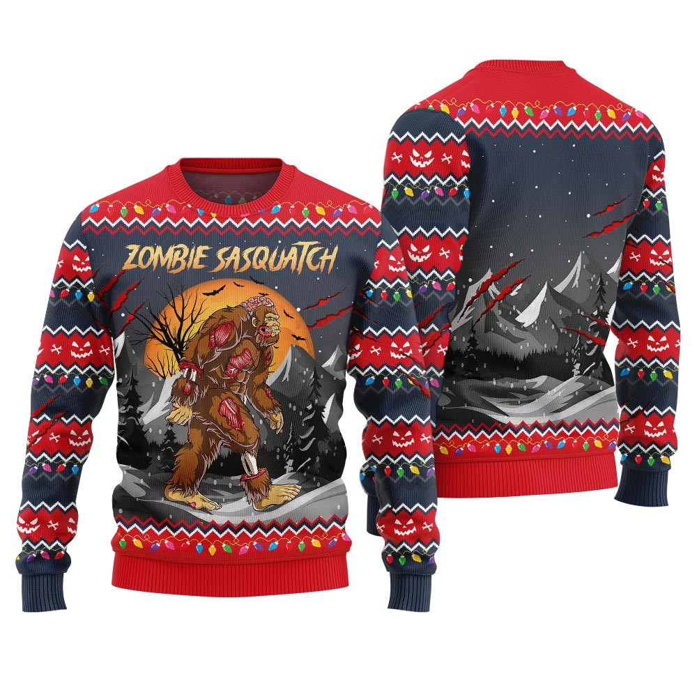 Zombie Sasquatch Halloween Ugly Sweater Navy Comfortable Holiday Sweater for Chilly Nights